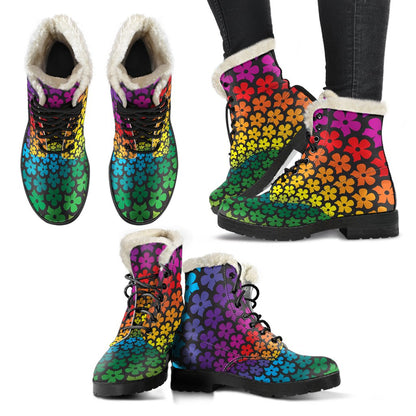 Flower Power Rainbow Spiral Print Faux Fur Leather Boots-JTAMIGO.COM