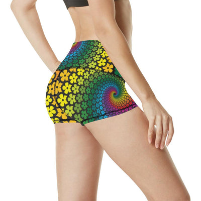 Flower Power Rainbow Spiral Print High Waisted Spandex Shorts-JTAMIGO.COM