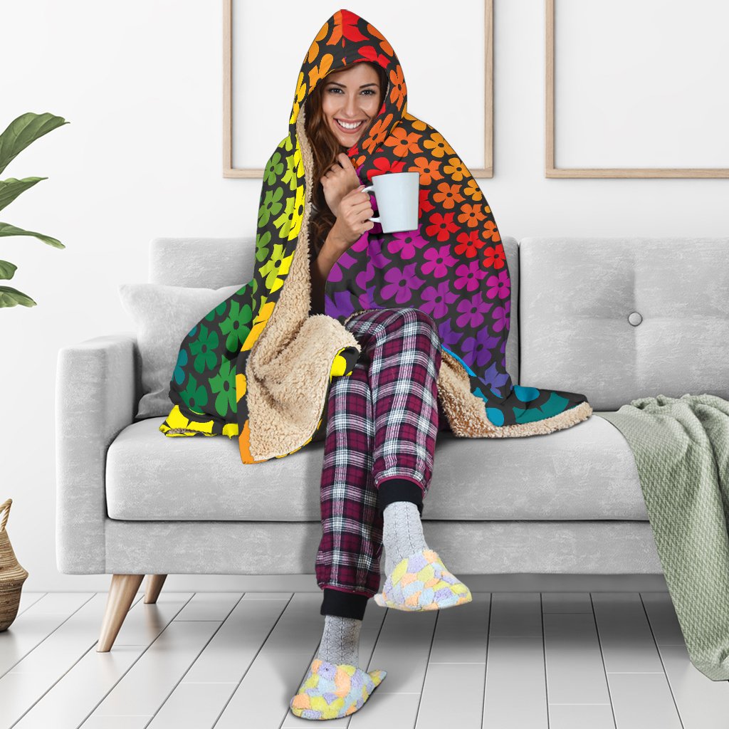 Flower Power Rainbow Spiral Print Hooded Blanket-JTAMIGO.COM