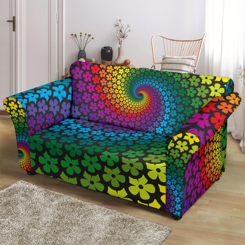 Flower Power Rainbow Spiral Print Loveseat Slipcover-JTAMIGO.COM