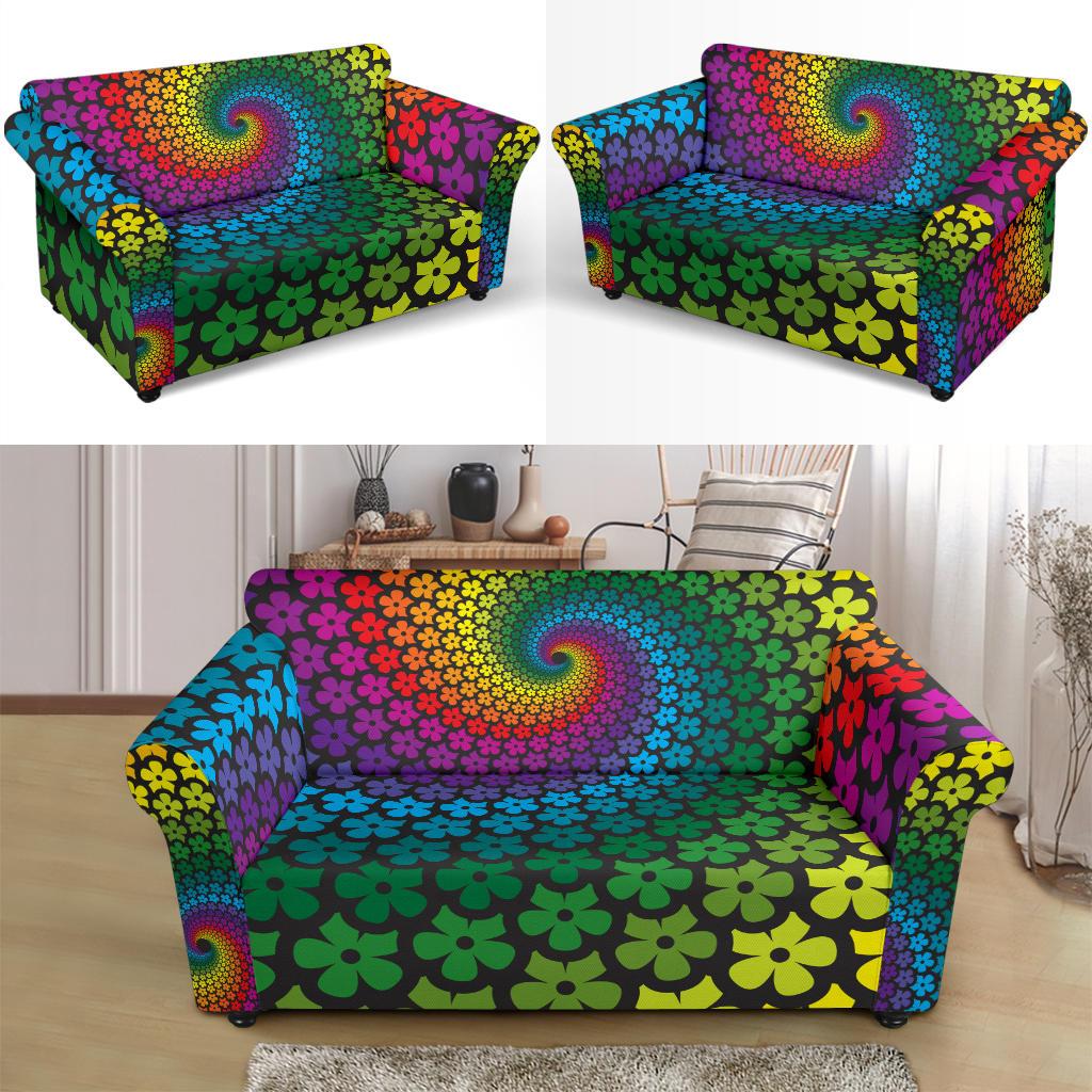 Flower Power Rainbow Spiral Print Loveseat Slipcover-JTAMIGO.COM