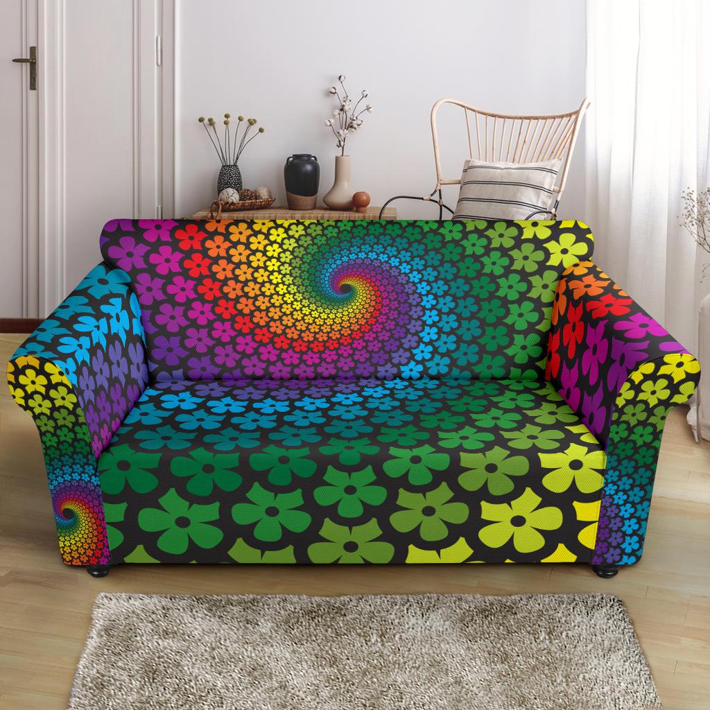 Flower Power Rainbow Spiral Print Loveseat Slipcover-JTAMIGO.COM