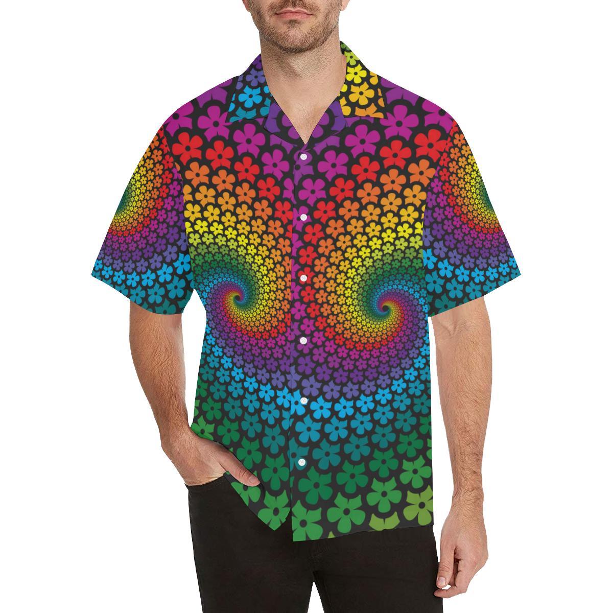 Flower Power Rainbow Spiral Print Men Aloha Hawaiian Shirt