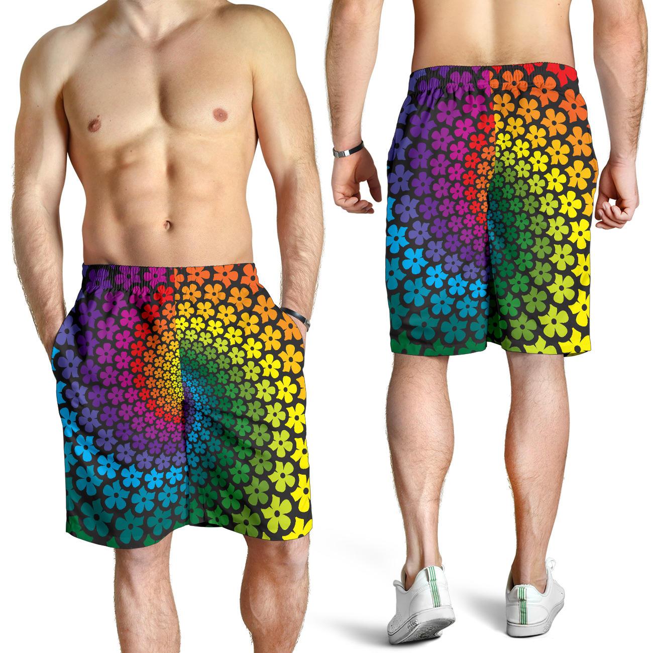 Flower Power Rainbow Spiral Print Mens Shorts-JTAMIGO.COM