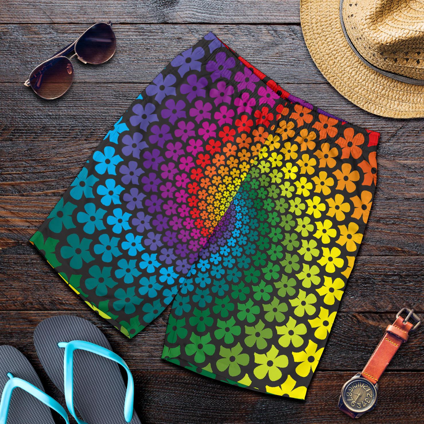 Flower Power Rainbow Spiral Print Mens Shorts-JTAMIGO.COM