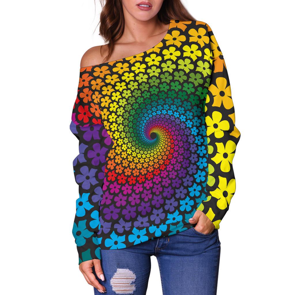 Flower Power Rainbow Spiral Print Off Shoulder Sweatshirt