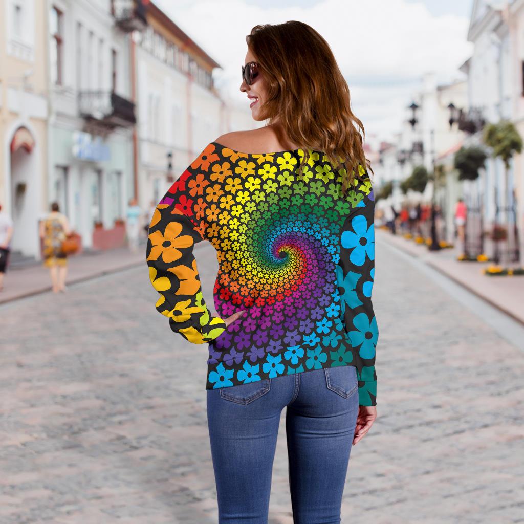Flower Power Rainbow Spiral Print Off Shoulder Sweatshirt