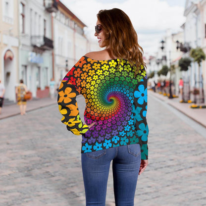 Flower Power Rainbow Spiral Print Off Shoulder Sweatshirt