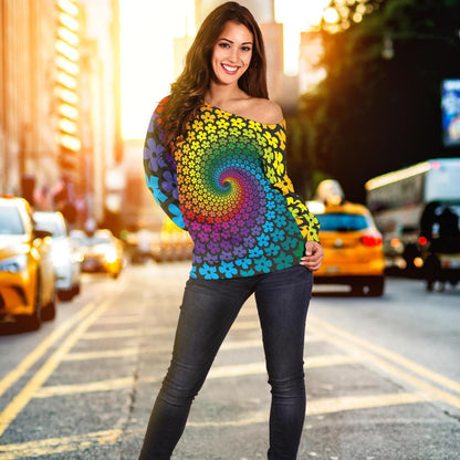 Flower Power Rainbow Spiral Print Off Shoulder Sweatshirt