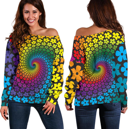 Flower Power Rainbow Spiral Print Off Shoulder Sweatshirt