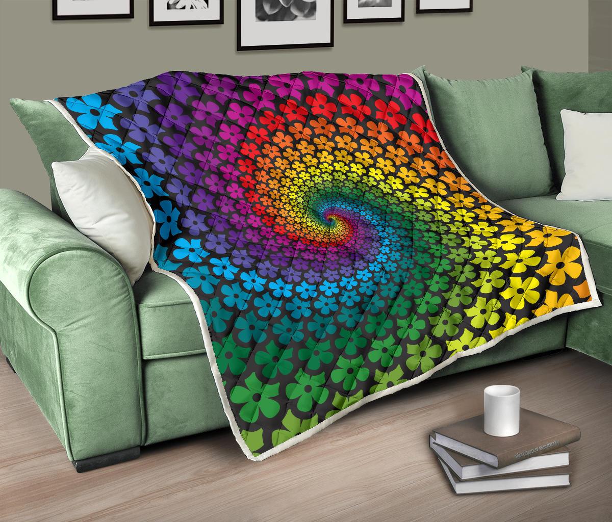 Flower Power Rainbow Spiral Print Premium Quilt-JTAMIGO.COM