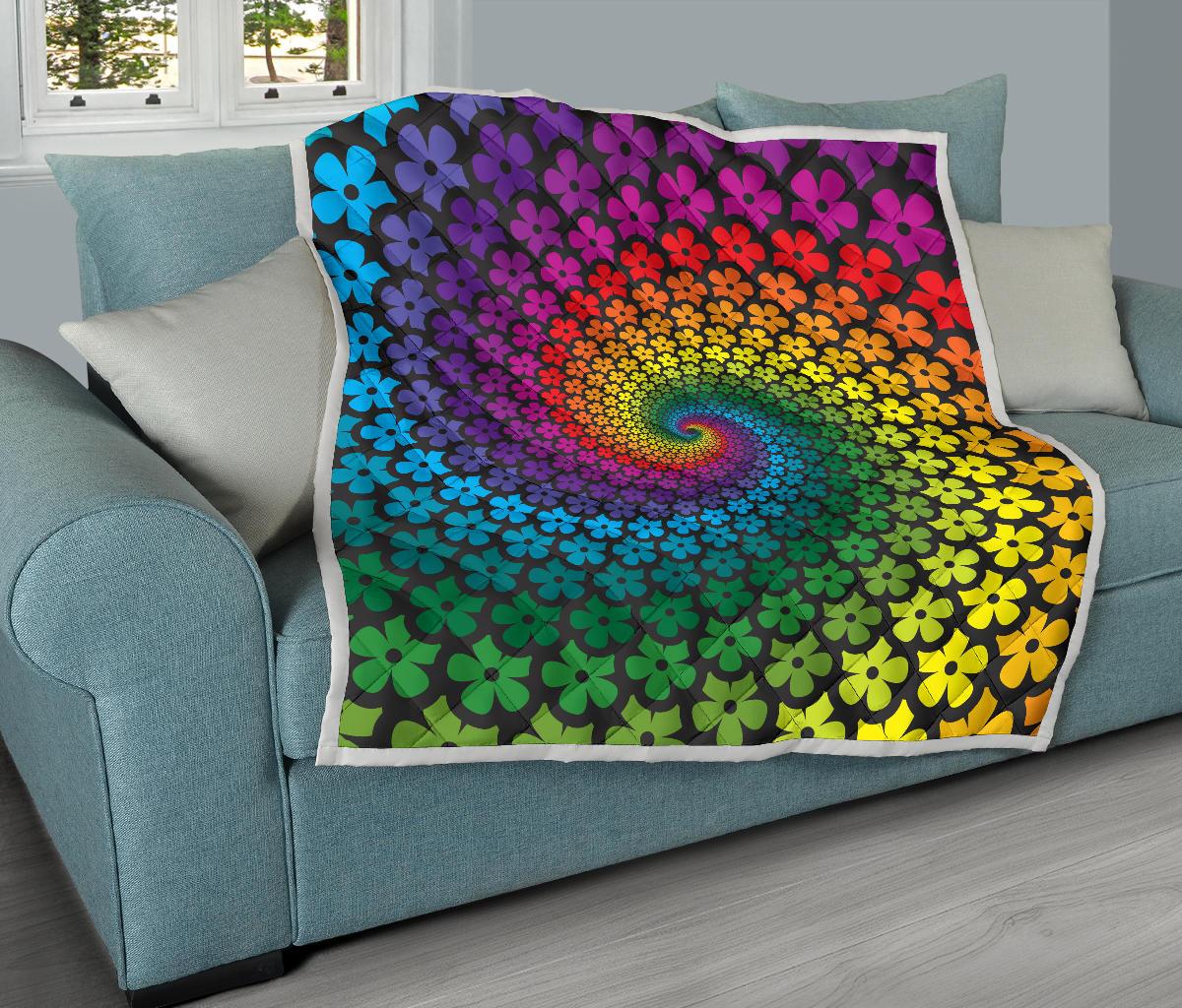 Flower Power Rainbow Spiral Print Premium Quilt-JTAMIGO.COM