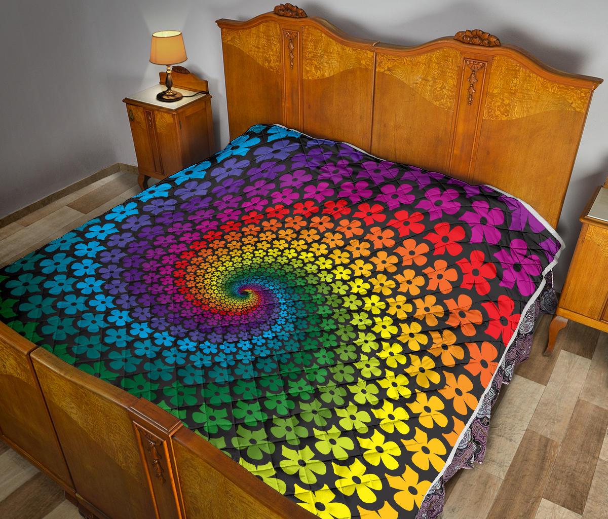 Flower Power Rainbow Spiral Print Premium Quilt-JTAMIGO.COM