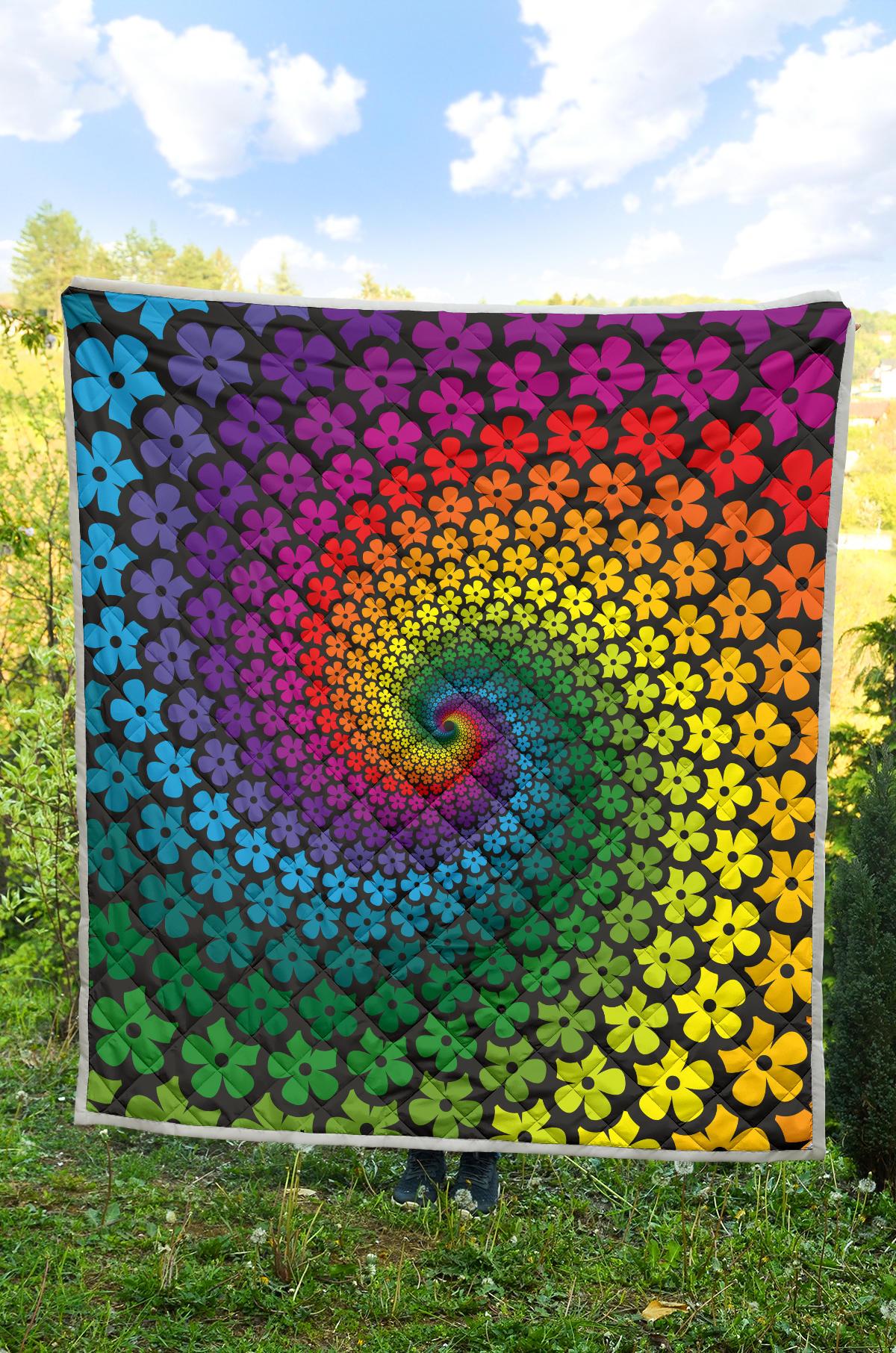 Flower Power Rainbow Spiral Print Premium Quilt-JTAMIGO.COM