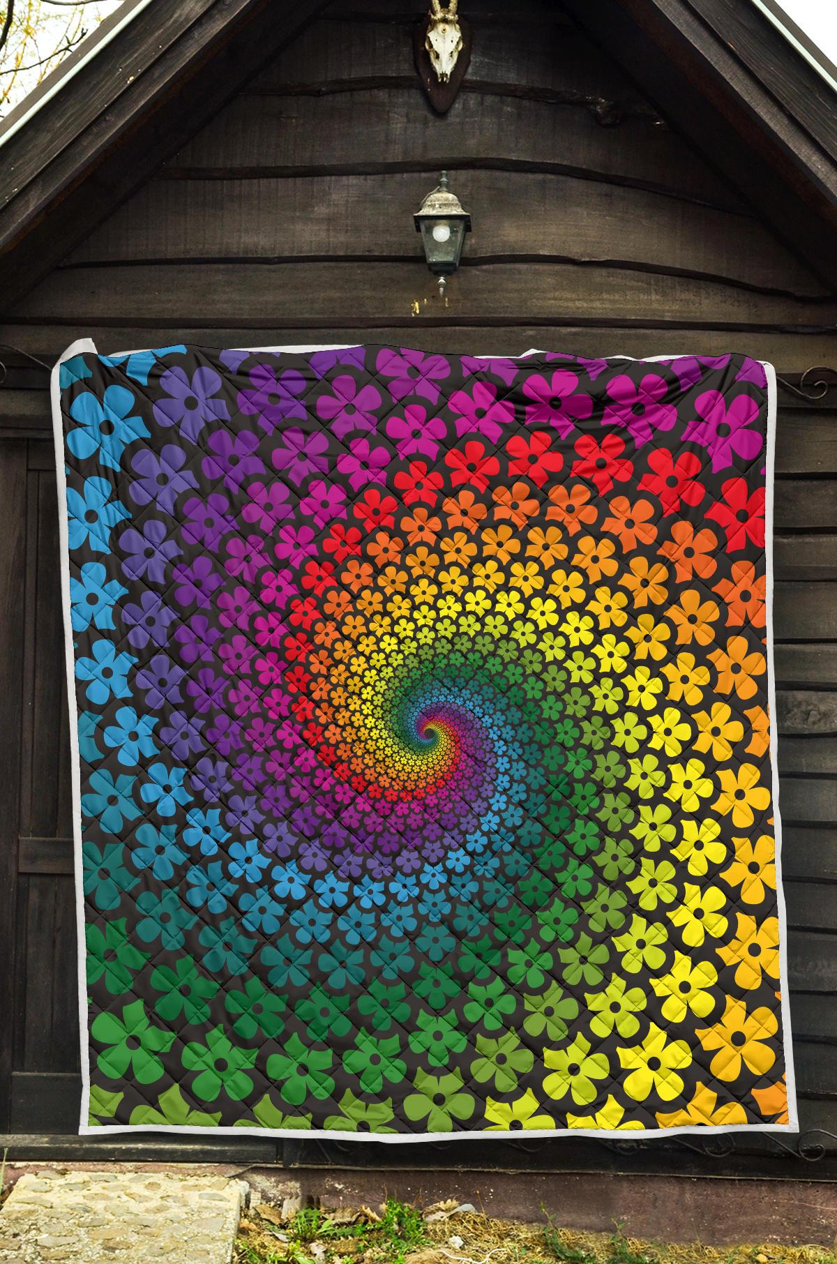 Flower Power Rainbow Spiral Print Premium Quilt-JTAMIGO.COM