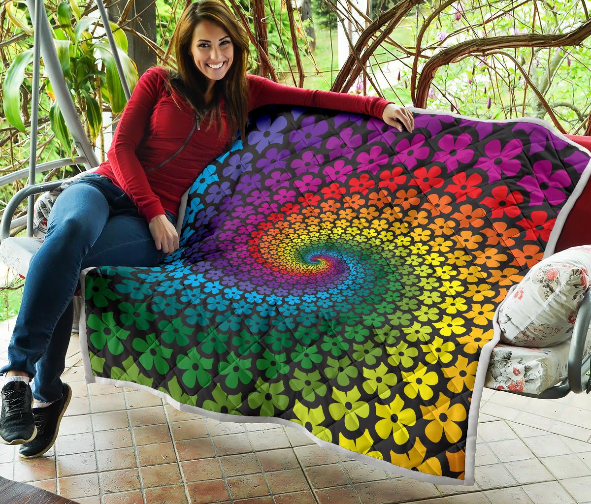 Flower Power Rainbow Spiral Print Premium Quilt-JTAMIGO.COM