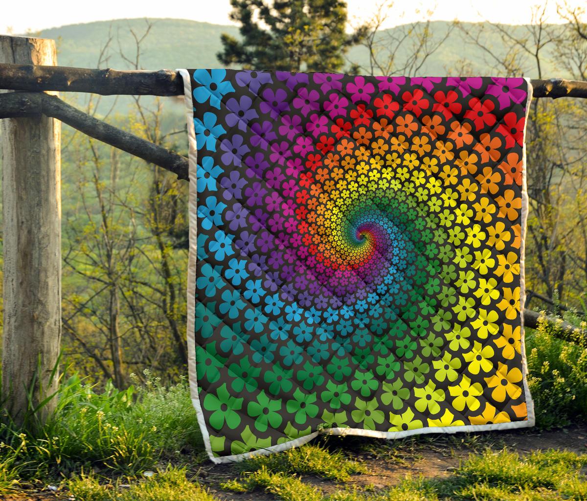 Flower Power Rainbow Spiral Print Premium Quilt-JTAMIGO.COM