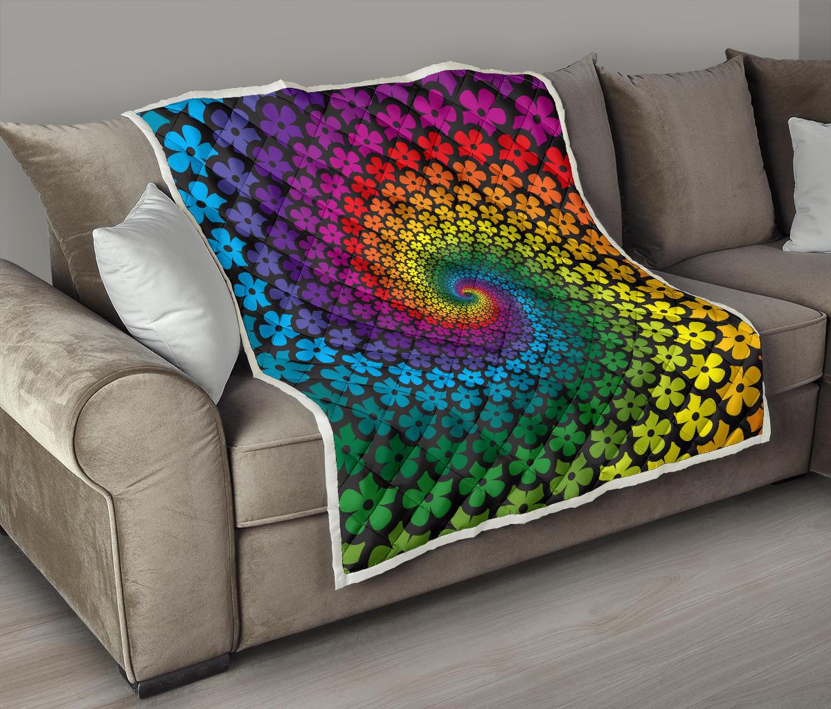 Flower Power Rainbow Spiral Print Premium Quilt-JTAMIGO.COM