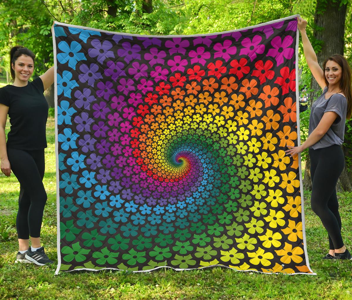 Flower Power Rainbow Spiral Print Premium Quilt-JTAMIGO.COM