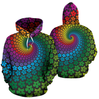 Flower Power Rainbow Spiral Print Pullover Hoodie