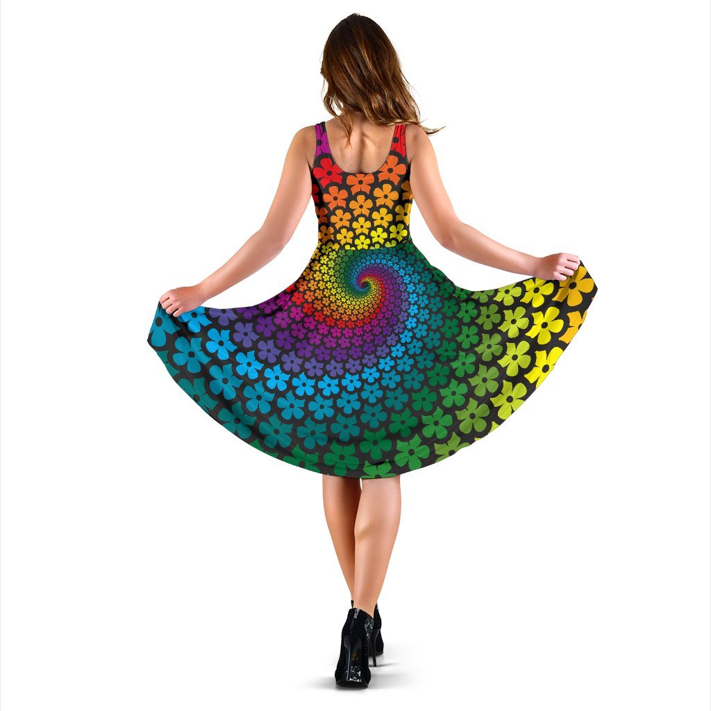 Flower Power Rainbow Spiral Print Sleeveless Dress