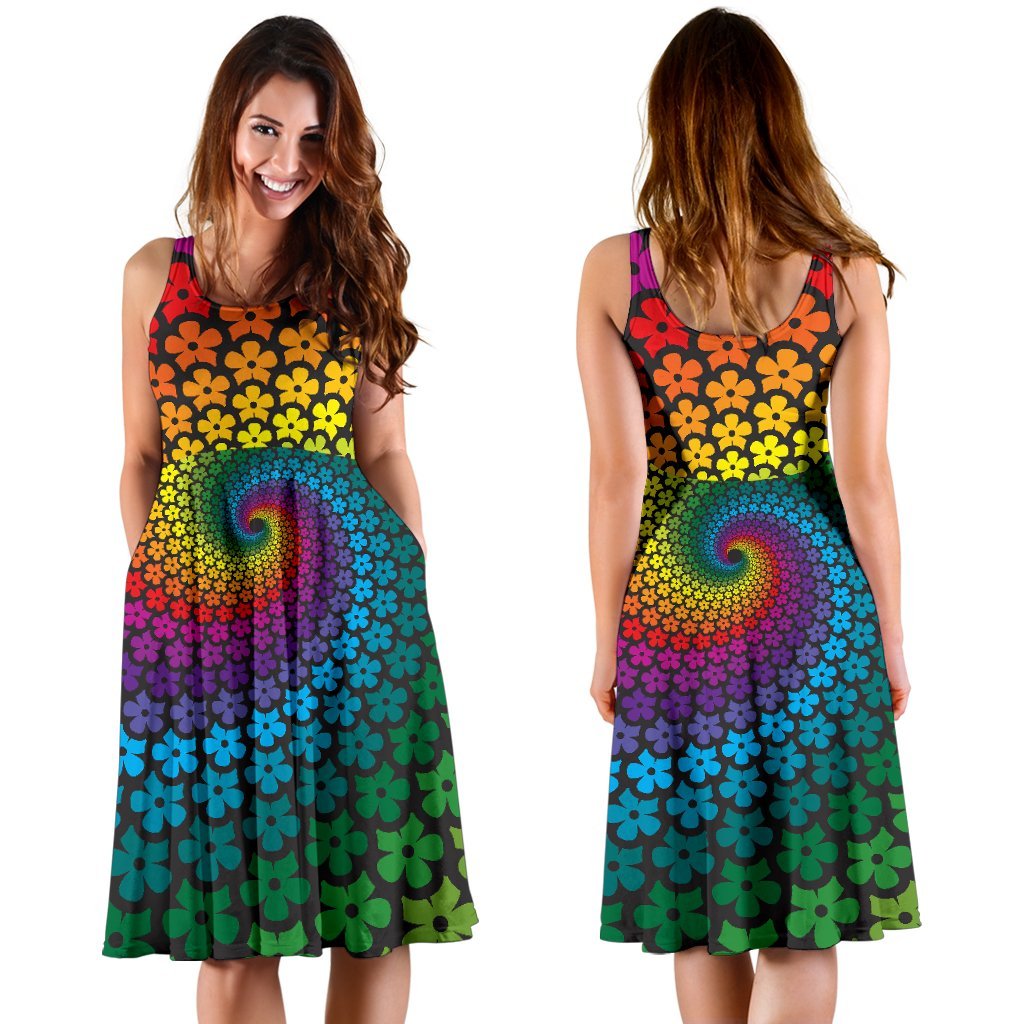 Flower Power Rainbow Spiral Print Sleeveless Dress