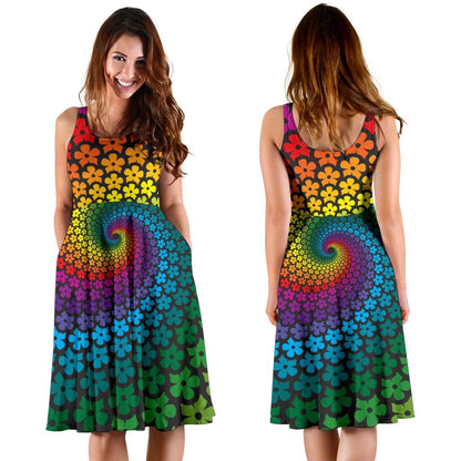 Flower Power Rainbow Spiral Print Sleeveless Dress