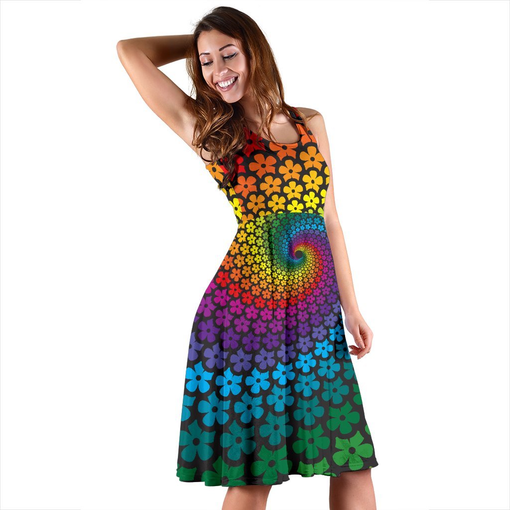 Flower Power Rainbow Spiral Print Sleeveless Dress