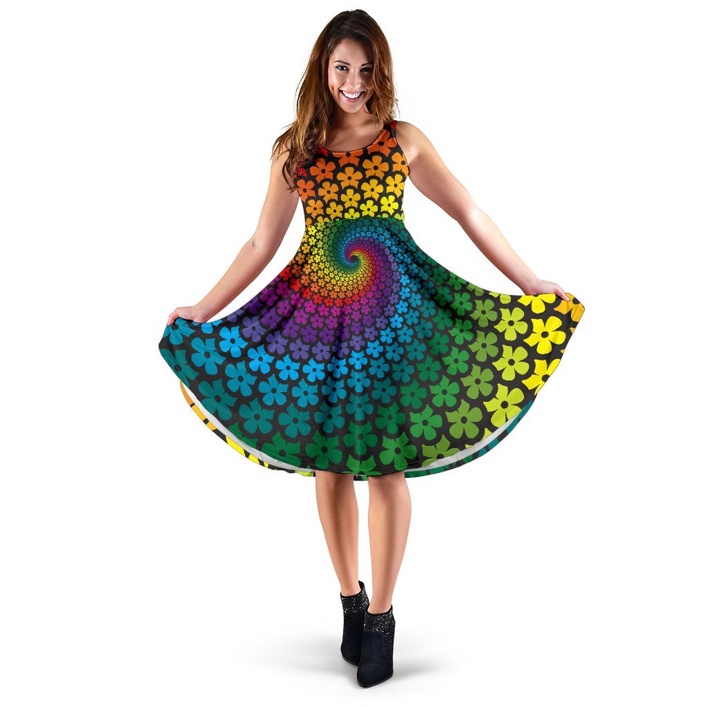 Flower Power Rainbow Spiral Print Sleeveless Dress