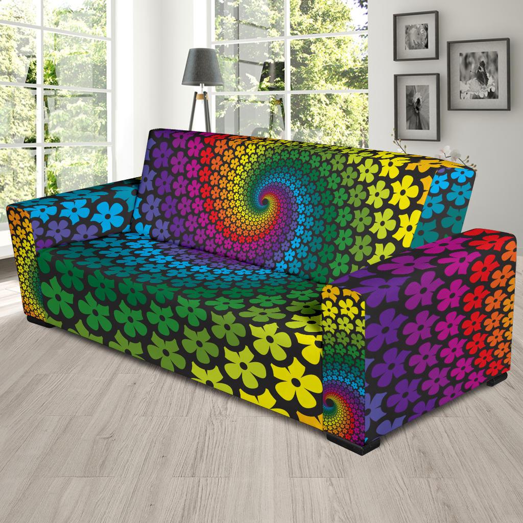 Flower Power Rainbow Spiral Print Sofa Slipcover-JTAMIGO.COM