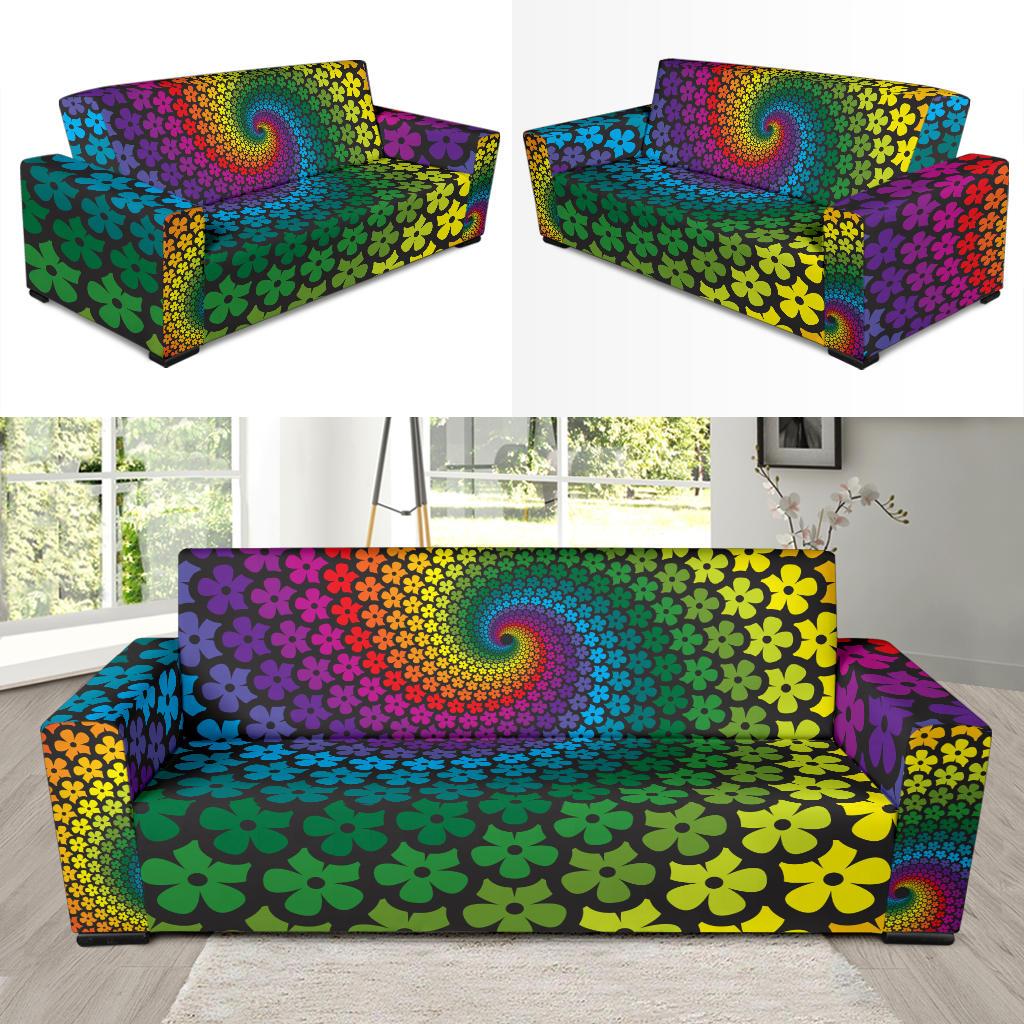 Flower Power Rainbow Spiral Print Sofa Slipcover-JTAMIGO.COM
