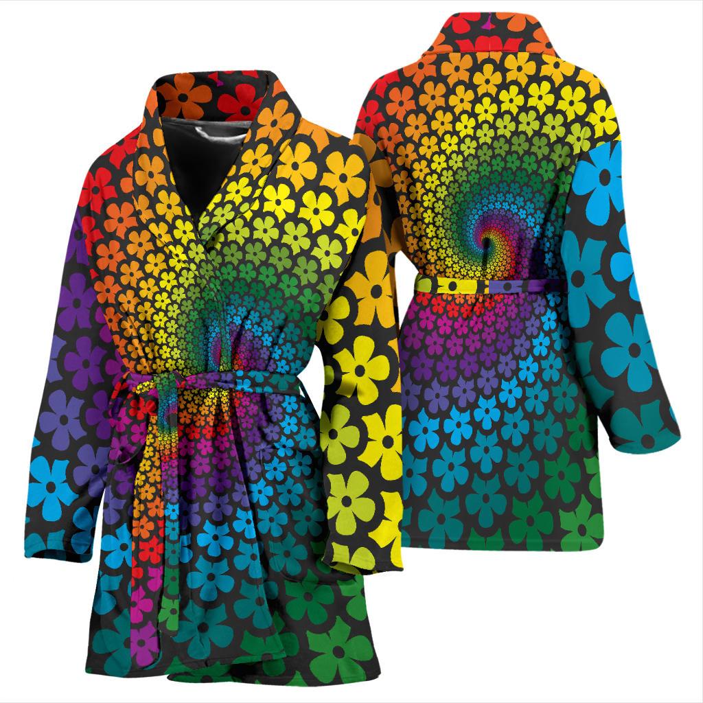 Flower Power Rainbow Spiral Print Women Bath Robe-JTAMIGO.COM
