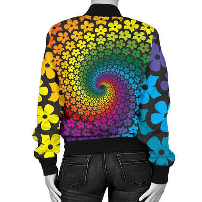 Flower Power Rainbow Spiral Print Women Casual Bomber Jacket
