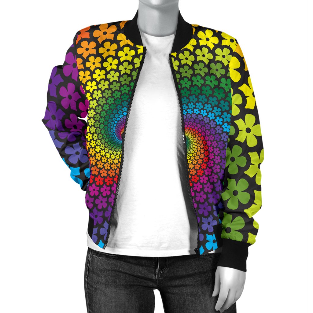 Flower Power Rainbow Spiral Print Women Casual Bomber Jacket