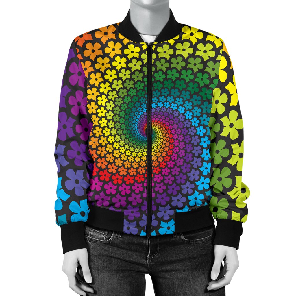 Flower Power Rainbow Spiral Print Women Casual Bomber Jacket