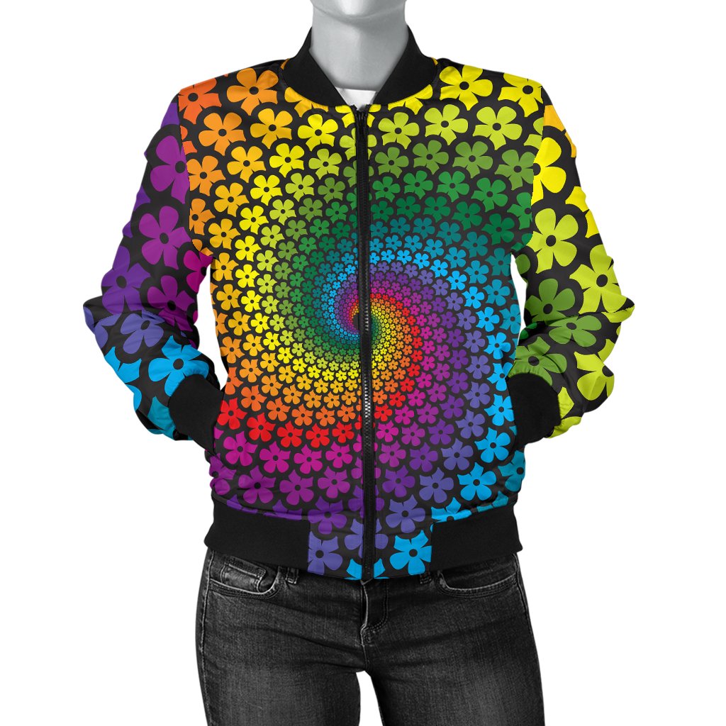Flower Power Rainbow Spiral Print Women Casual Bomber Jacket
