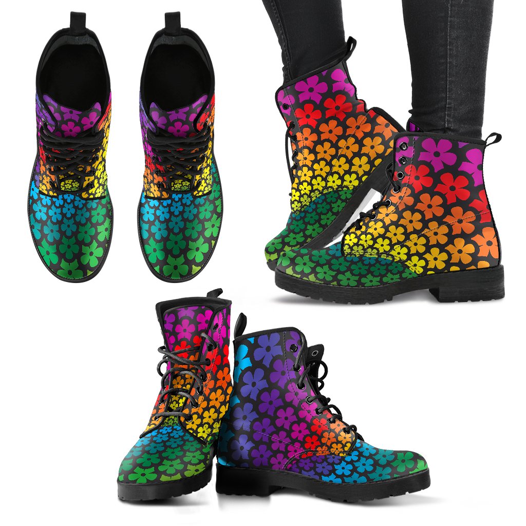 Flower Power Rainbow Spiral Print Women Leather Boots-JTAMIGO.COM