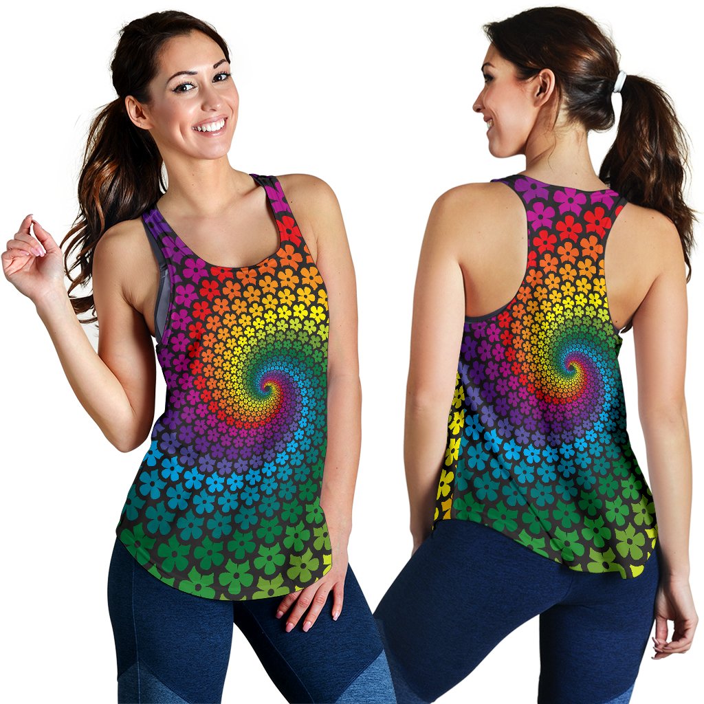 Flower Power Rainbow Spiral Print Women Racerback Tank Top