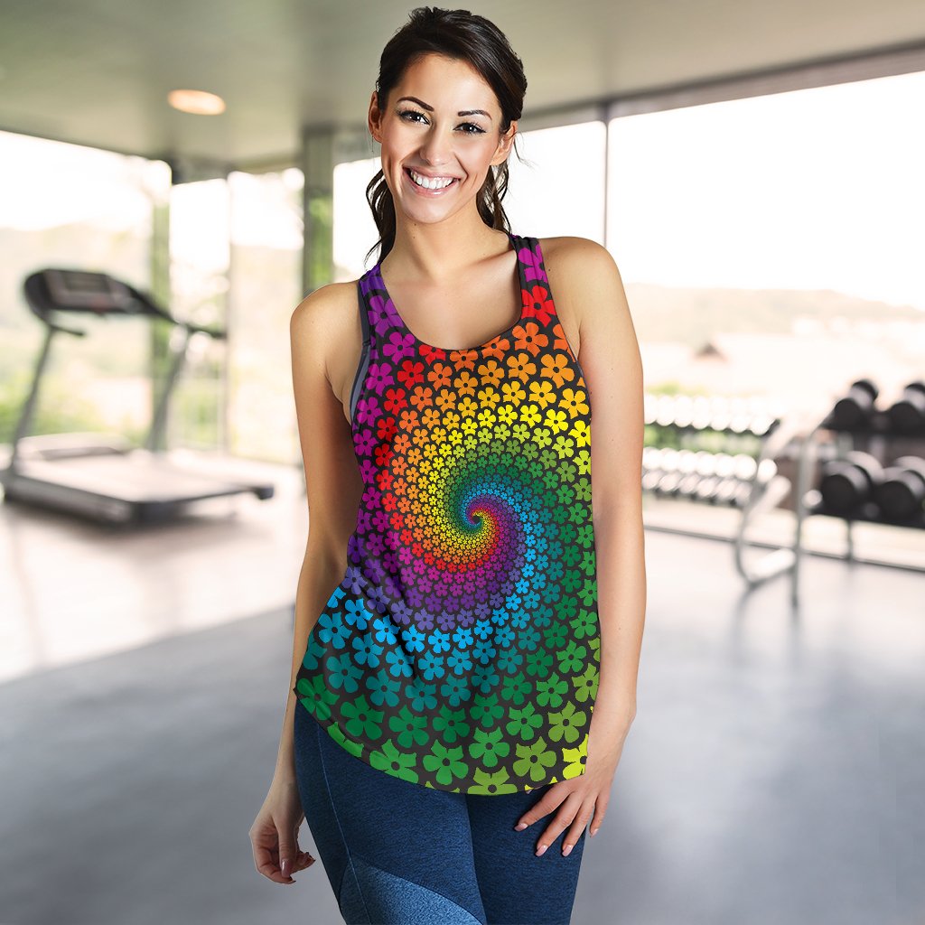 Flower Power Rainbow Spiral Print Women Racerback Tank Top