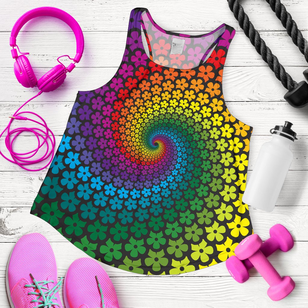 Flower Power Rainbow Spiral Print Women Racerback Tank Top