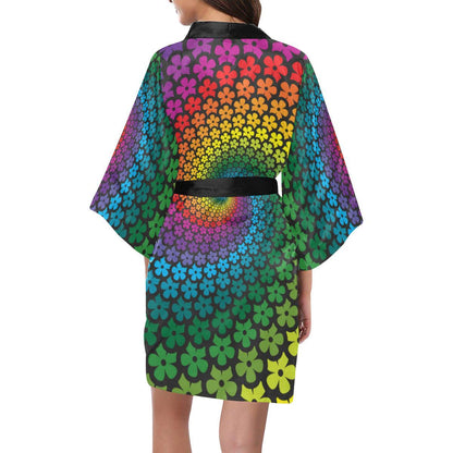 Flower Power Rainbow Spiral Print Women Short Kimono Robe