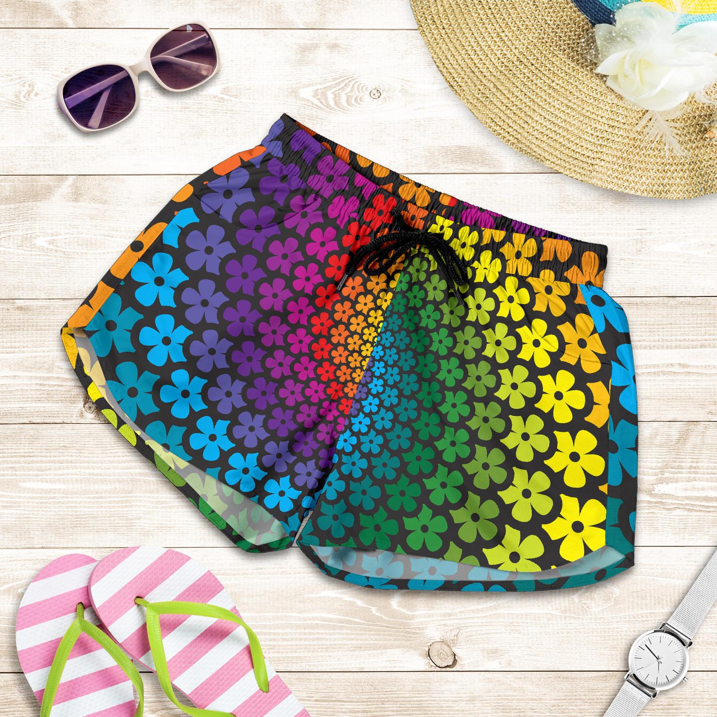 Flower Power Rainbow Spiral Print Women Shorts-JTAMIGO.COM
