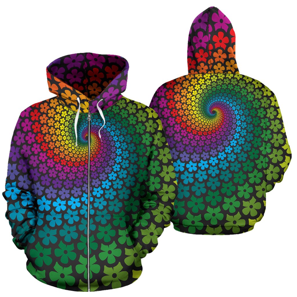 Flower Power Rainbow Spiral Print Zip Up Hoodie