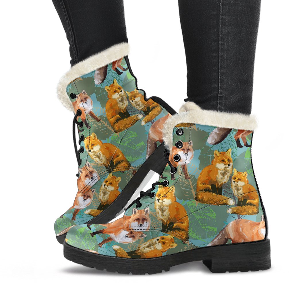 Fox Autumn leaves Themed Faux Fur Leather Boots-JTAMIGO.COM