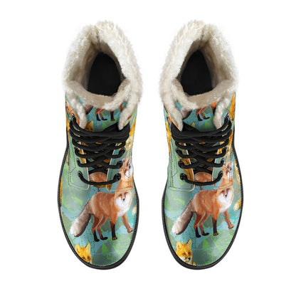 Fox Autumn leaves Themed Faux Fur Leather Boots-JTAMIGO.COM