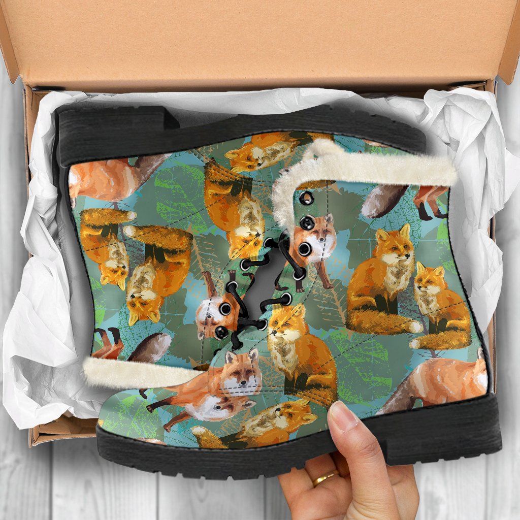 Fox Autumn leaves Themed Faux Fur Leather Boots-JTAMIGO.COM