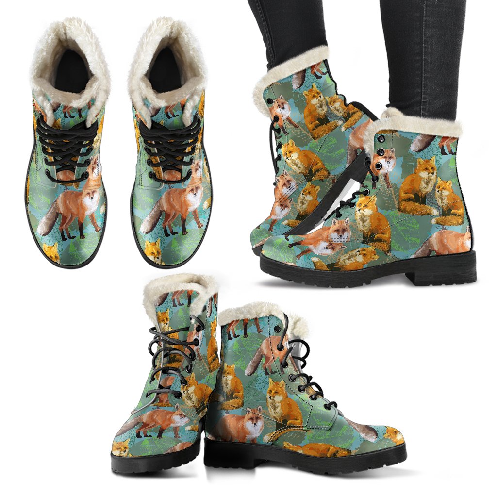 Fox Autumn leaves Themed Faux Fur Leather Boots-JTAMIGO.COM