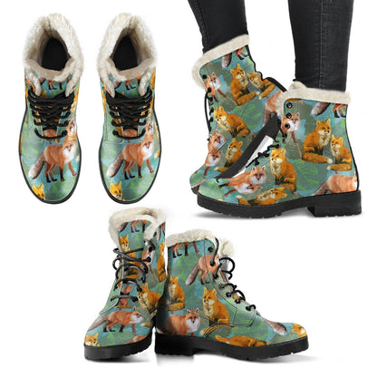 Fox Autumn leaves Themed Faux Fur Leather Boots-JTAMIGO.COM