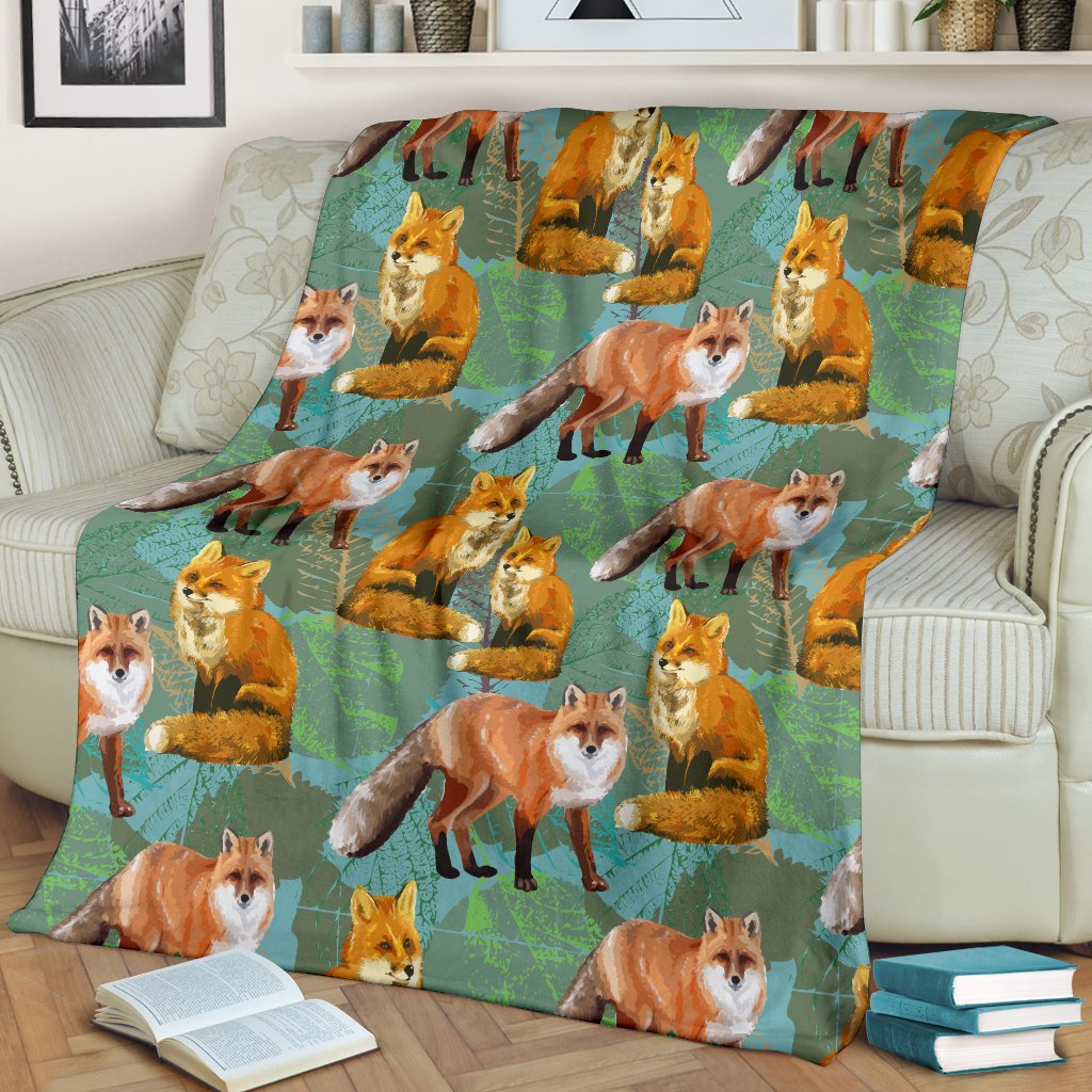 Fox Autumn Leaves Themed Fleece Blanket