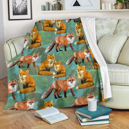 Fox Autumn Leaves Themed Fleece Blanket